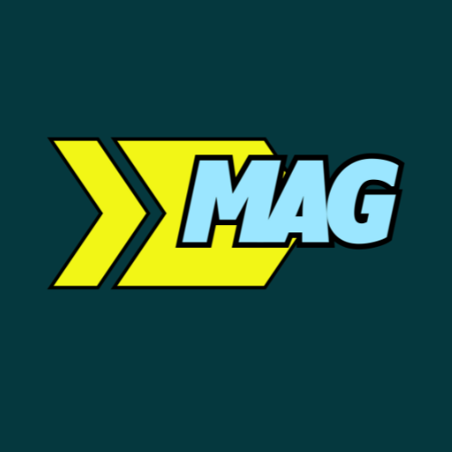 Mag logo on green back drop with yellow arrows pointing right with the MAG in baby blue colors 